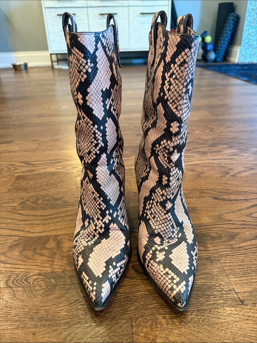 Aquazzura Pink and Black Snake-Print Pointed Toe Ankle Booties